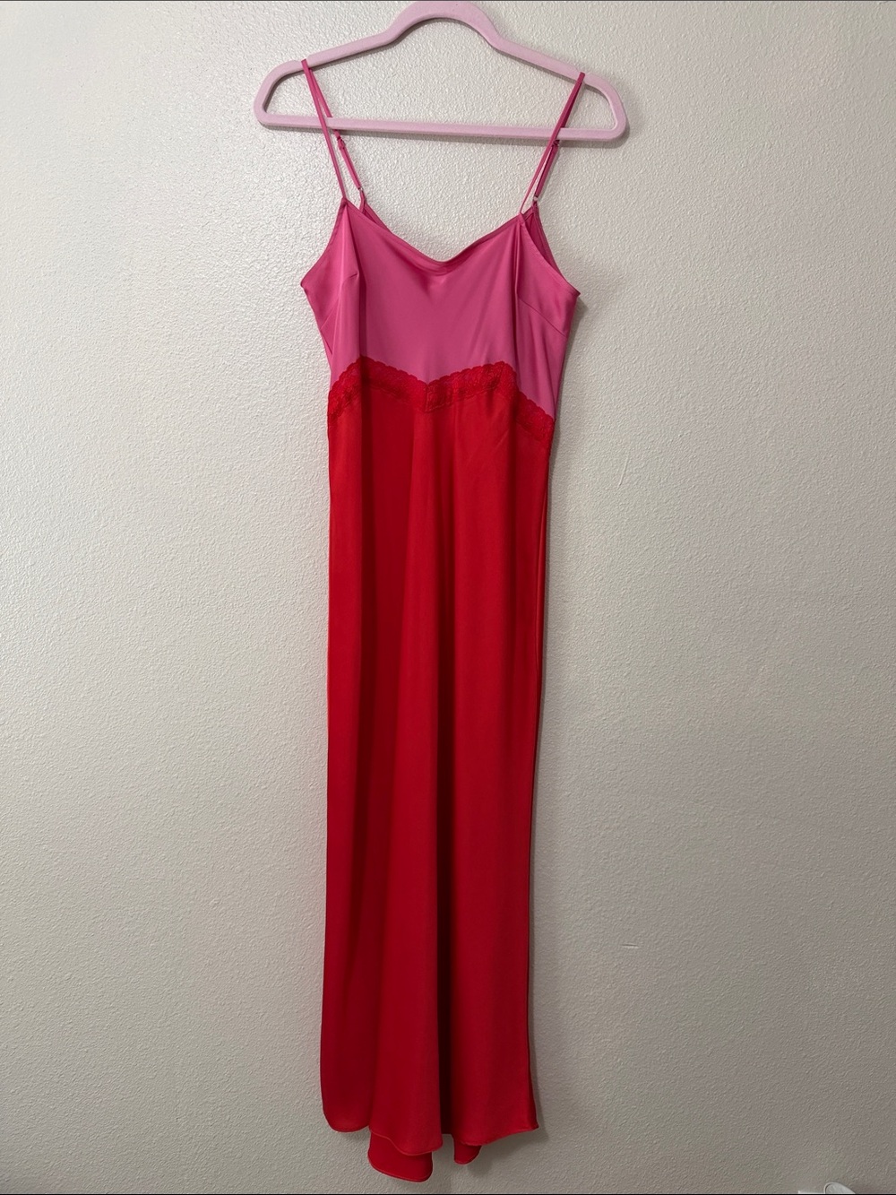 Gianni Bini Two-Tone Pink and Red Satin Maxi Slip Dress